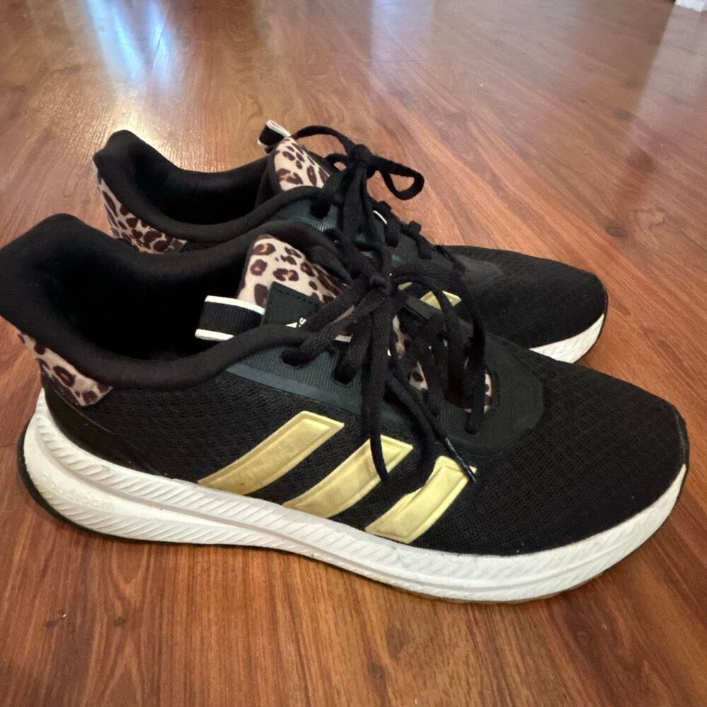 Adidas leopard and  gold striped sneakers running shoes size 8